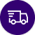 Icône de camion de livraison blanc avec des lignes de mouvement sur un fond circulaire violet uni, symbolisant l'expédition rapide ou express.