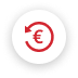 Un symbole de l'euro rouge entouré d'une flèche circulaire pointant vers la gauche, sur un fond circulaire blanc.